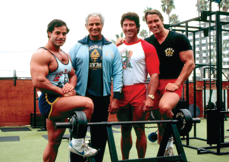 Vintage picture of body builders: Franko, Joe, Zane and Arnold.