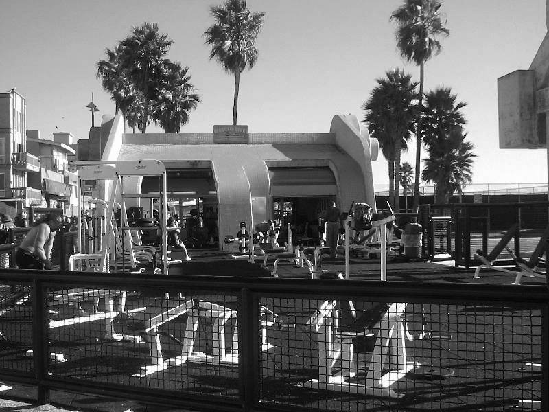 Black and White photograph of Venice Beach's outdoor Gold's Gym