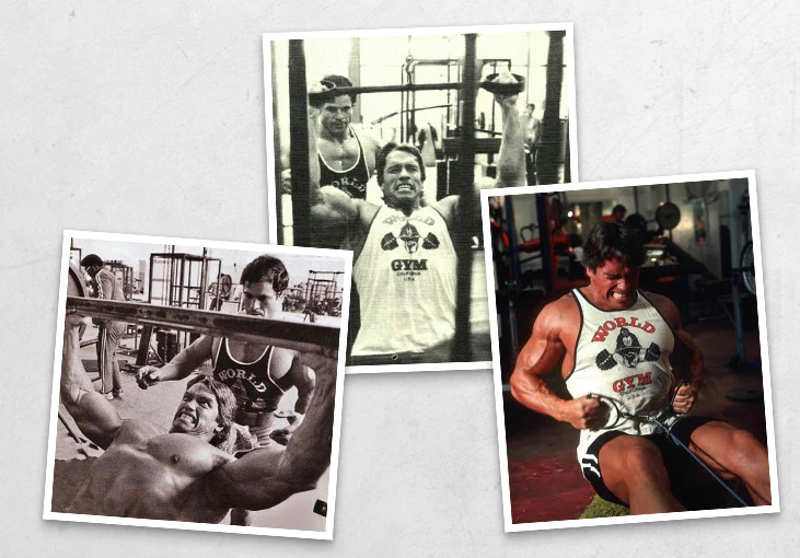 Vintage photos of Arnold Schwarzenegger lifting at Gold's Gym